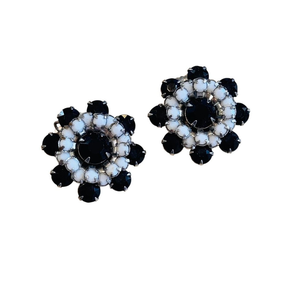 Weiss Earrings Starburst VTG Signed Jet Rhinestone Crystal Clip Round Flower 60s